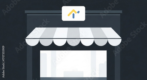 Modern storefront with awning and branded signage featuring a stylized house icon conveying growth and opportunity for businesses seeking new premises