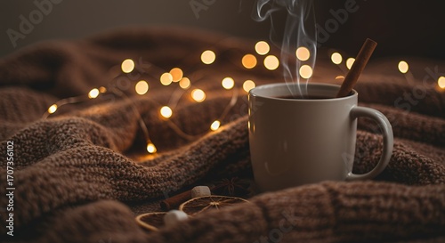 Warm beverage in a white ceramic mug surrounded by soft brown knitted blanket and glowing string lights creating cozy atmosphere with steam rising from hot drink