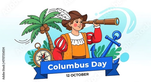 Quadro em tela Columbus day illustration with explorer looking through telescope, compass, anch