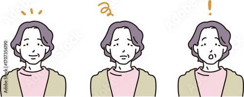 中年女性の表情パターンのイラストアイコンセット