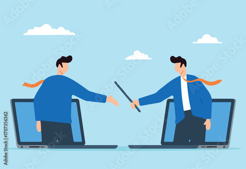 Businessman boss passes or relays baton to outsourced team to work remotely. Concept of delegation of tasks or services to external team, allowing for telecommuting arrangements