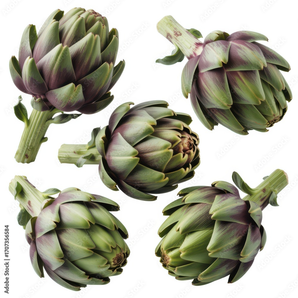 Fototapeta premium Scattered green artichokes on white background