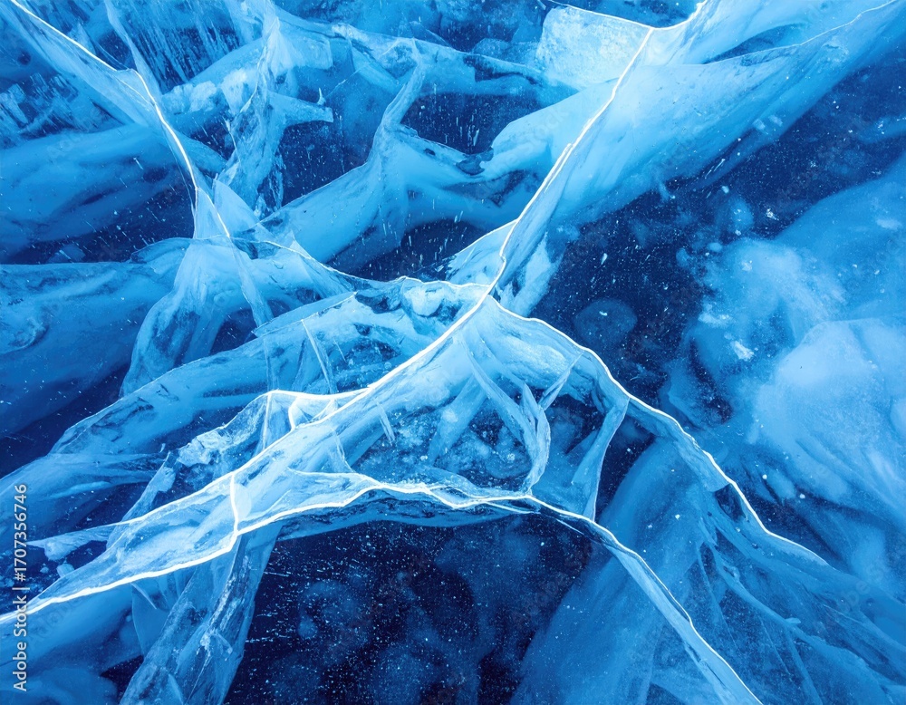 Naklejka premium Frozen Blue Lake Baikal Ice Texture with Cracks and Bubbles Winter Season Natural Pattern