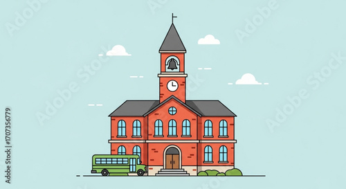 Classic brick schoolhouse with bell tower and green school bus ready for students, evoking nostalgia and educational beginnings