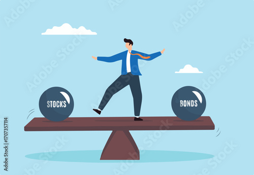 Businessman investor balancing on seesaw between stocks and bonds. Concept of asset allocation, compare risks and rewards of long term investment portfolios, mutual funds, or pension funds
