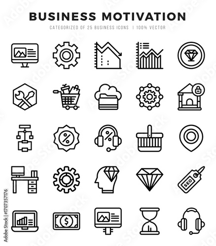 Business Motivation Lineal icons collection. 25 icon set. Vector illustration.