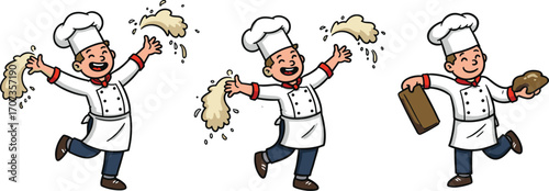 Cartoon happy chef character throwing flour and holding bread, bakery cooking mascot illustration, joyful restaurant worker design for food brandingCartoon happy chef character throwing flour and 