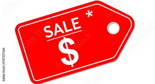 Dynamic red sale tag with dollar symbol and asterisk announces exciting discounts and special offers, perfect for retail promotions and advertising campaigns driving customer attention and sales.