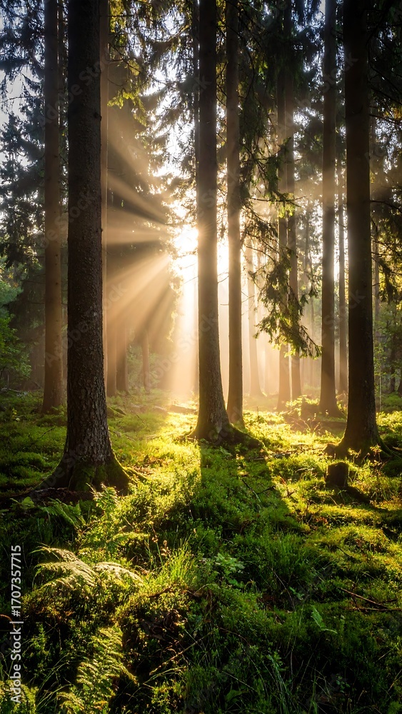 Fototapeta premium Sunlight streams through a misty forest (1)
