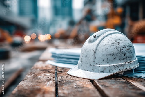 A weathered white safety helmet rests on a wood surface, blueprints nearby, with city blur