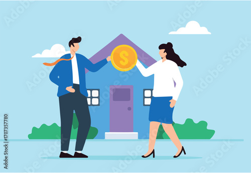 Businessman over dollar coin to new homeowner, illustrating making down payment for purchasing house. Concept of mortgage or real estate loan, saving for new home, investing in property rental