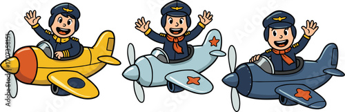 Cartoon pilots flying airplanes vector illustration, cute aviator characters, aviation mascot design, happy airplane captain, travel artwork, funny aircraft drawingCartoon pilots flying airplanes 