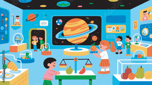Illustration of a cheerful and interactive atmosphere in a science museum for children vector design template