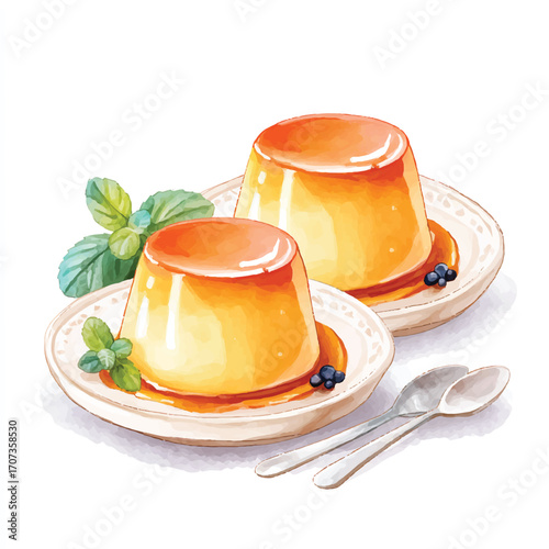Two delicious caramel custards with mint leaves and blueberries on white plates with spoons.