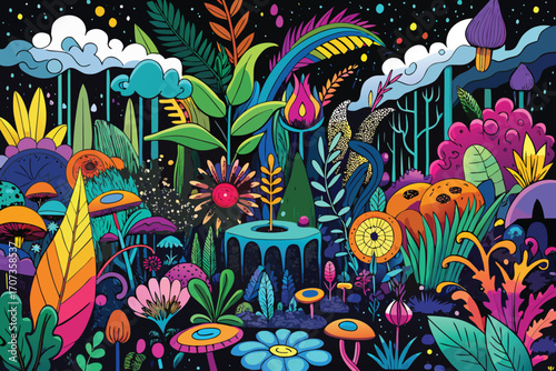 Vibrant psychedelic forest at night with glowing plants and mushrooms