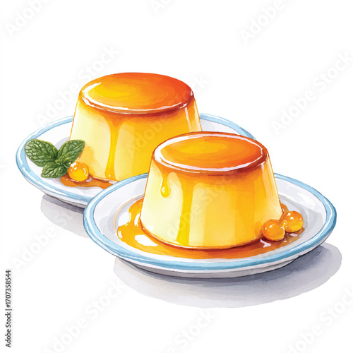 Two delicious caramel custards on white plates with mint leaves.