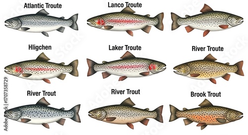 Collection of Trout Species Illustrations with Names.