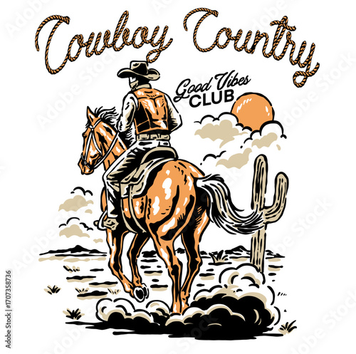 Retro style cowboy country a horse with a confident pose. Ideas for western, rodeo, or cowboy-in-west-themed designs