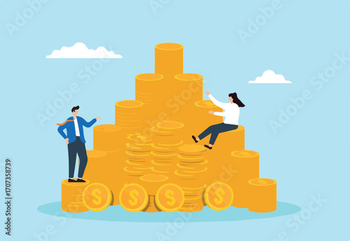 Flat illustration of businessman and businesswoman on coins stacked pyramid structure and stability of investments