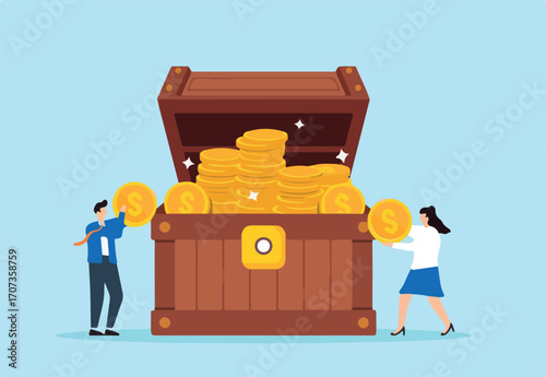 Flat illustration of businessman and businesswoman holding coins in treasure chest wealth accumulation from investments