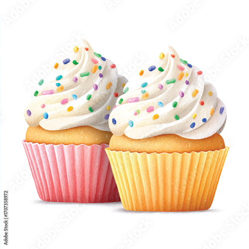 Two delicious cupcakes with white frosting and colorful sprinkles.