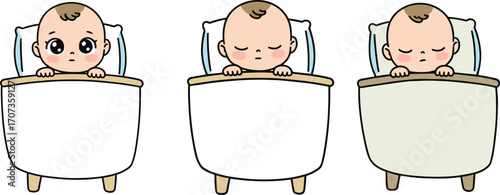 Cute cartoon babies sleeping in bed, vector illustration of adorable newborn children resting peacefully, infant characters, childhood innocence, sweet dreams artworkCute cartoon babies sleeping in 