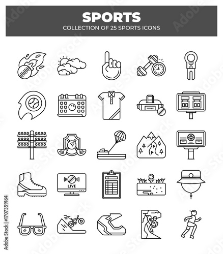 Collection of 25 Sports Icons. Line Art Graphics