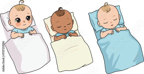 Cute cartoon babies sleeping in bed, vector illustration of newborn children resting peacefully, adorable infant characters, childhood innocence, sweet dreams illustrationCute cartoon babies sleeping
