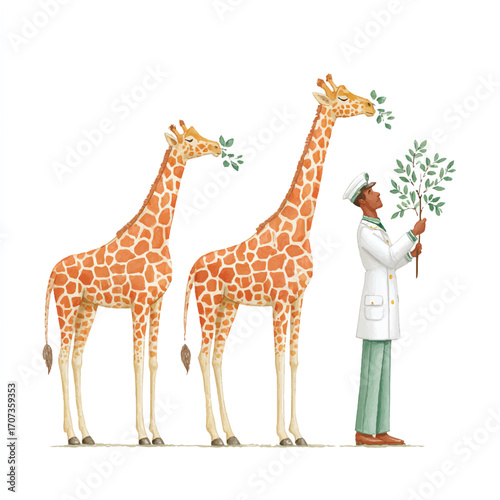Two giraffes and a scientist studying plants.