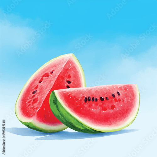 Two juicy watermelon slices with seeds against a bright blue sky.
