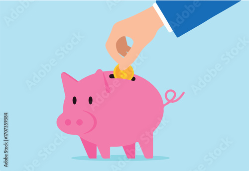 Flat illustration of hand dropping coin into piggy bank investing act saving and wealth