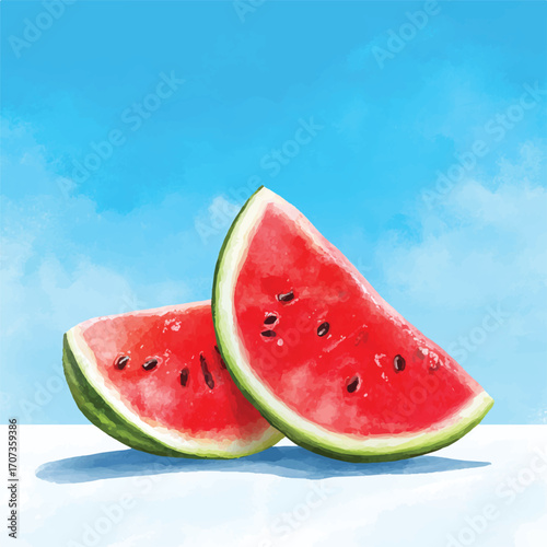Two juicy watermelon slices with vibrant red flesh and black seeds 1.