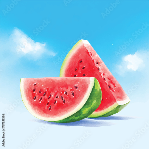 Two juicy watermelon slices with seeds on a bright blue sky background.