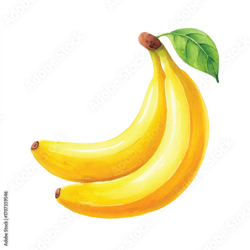 Two yellow bananas with a green leaf a healthy and delicious fruit.