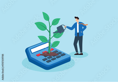 Flat illustration of businessman watering growing plant on calculator analysis involved in investments