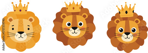 Cute cartoon lion faces with royal crowns, jungle king animal illustration for kids, wildlife design, mascot, fairytale, nursery and decorationCute cartoon lion faces with