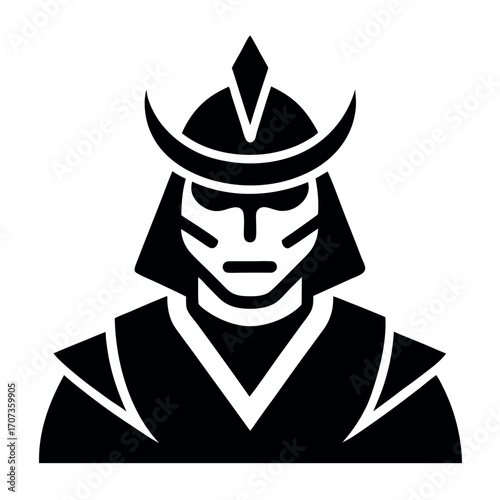 Black and White Silhouette Depicting a Samurai Warrior with Traditional Helmet and Armor