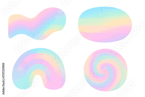 Set of abstract minimalist shapes with soft pastel gradients. Modern geometric and organic forms. Holographic rainbow, swirl, and wave design elements for trendy aesthetic.