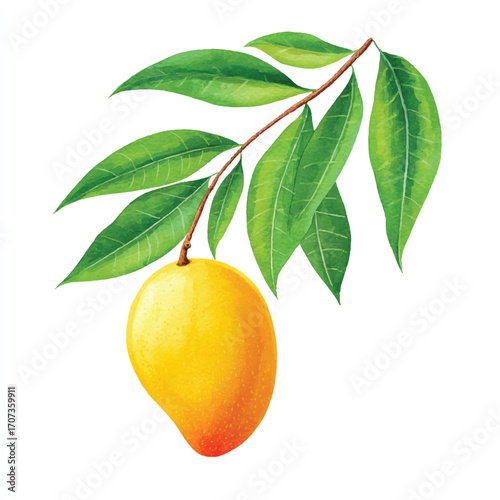 Vibrant illustration of a ripe mango on a branch with green leaves.