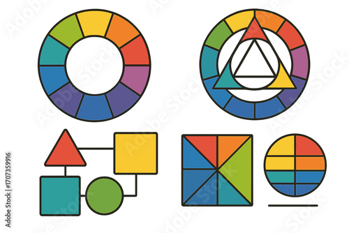 Color theory infographic elements. Vector icon set with color wheel, geometric shapes, and patterns for illustrating design principles, harmony, and color relationships.