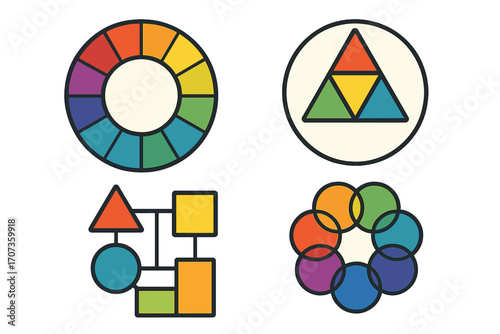 Color theory principles icon set. Geometric shapes and color wheels illustrating design relationships. Vector infographic elements for artists, designers, and education.