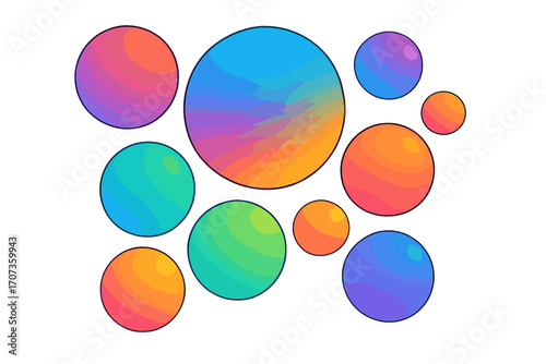 Abstract background with colorful gradient spheres. Modern vibrant digital art composition with circular shapes. Vector illustration of glossy orbs, bubbles for design.