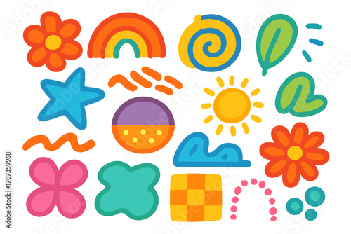 Set of colorful abstract shapes and groovy retro elements. Playful cartoon vector illustration with flower, sun, rainbow. Hippie 70s style doodle icons for kids design.