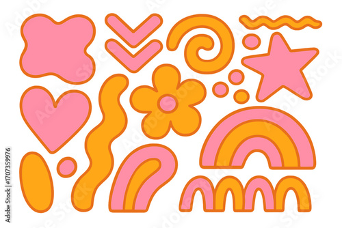 Groovy retro 70s cartoon sticker set. Abstract hippie doodle shapes. Cute funky psychedelic design elements. Y2K vintage graphic collection with flower, rainbow, heart, star.