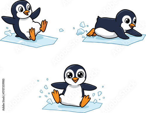 Cute cartoon penguin sliding and sitting on ice, playful arctic animal illustration, adorable winter mascot design for children, wildlife, fun and brandingCute cartoon 