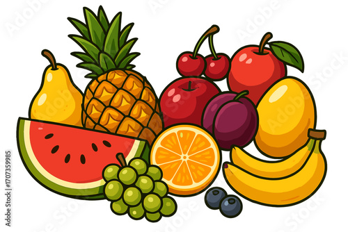 Vibrant fruit collection vector cartoon illustration. Healthy eating concept with fresh organic apple, orange, banana, pineapple, watermelon. Juicy summer fruits for diet food.