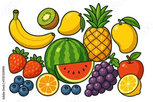 Vector cartoon fruit collection. Set of fresh organic food: banana, apple, pineapple, watermelon, strawberry, mango, grapes, orange, kiwi. Healthy eating, vitamin, diet.