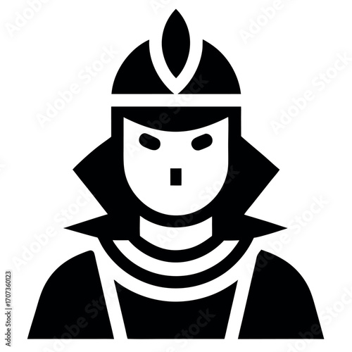 Stylized Black and White Icon of a Person Wearing Elaborate Headdress and Collar