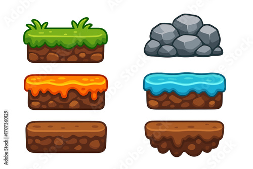 Game assets tileset for 2D platformer. Cartoon ground sprites including grass, rock, lava, water, and dirt blocks. Vector illustration of land elements for level design kit.