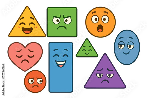 Cute geometric shapes character set with emotions. Basic figures with cartoon faces. Emoji collection with different feelings. Happy, sad, angry, surprised mood icons.